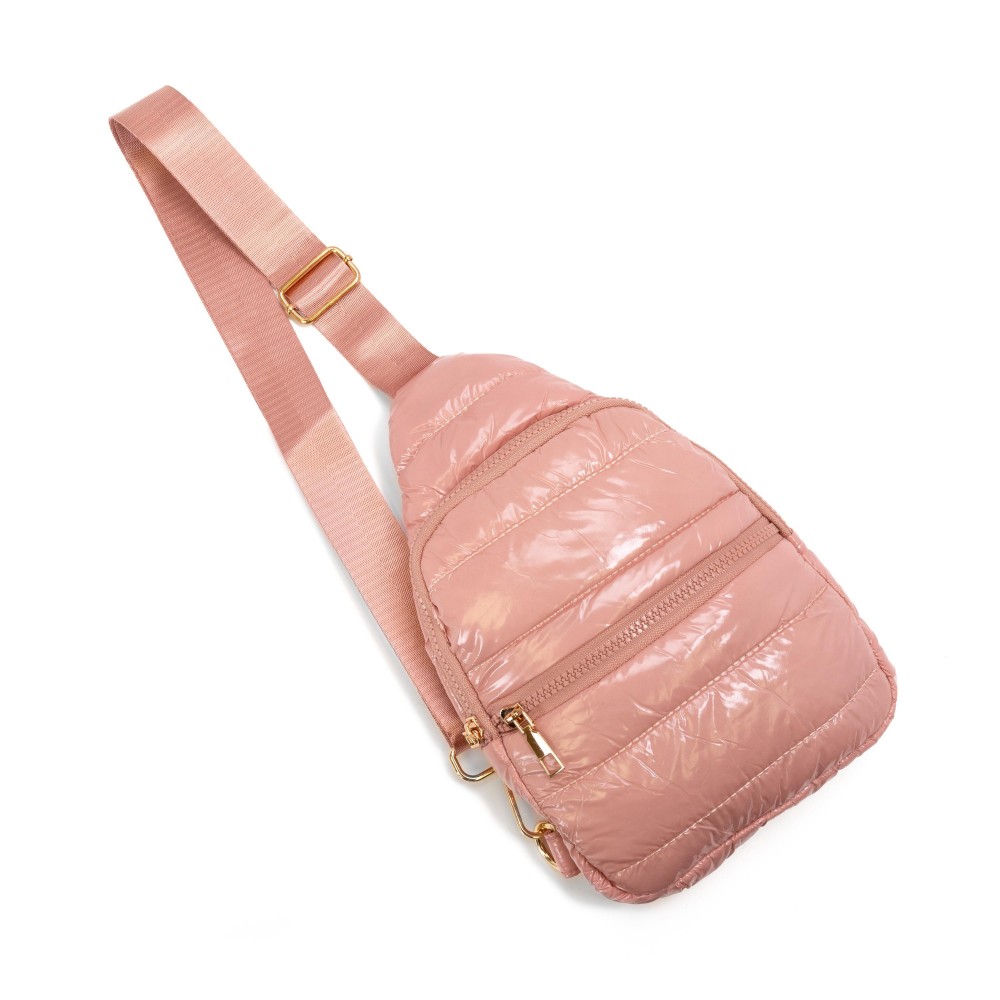 Quilted Puffer Sling Bag With Adjustable Cross Body Strap - Full Zip Closure - Front Zip Pocket - Fully Lined - Inside Zip Pocket - Nylon Strap With Buckle - Approximately 11"H x 7.5"W x 2"D - 100% Polyester view 2