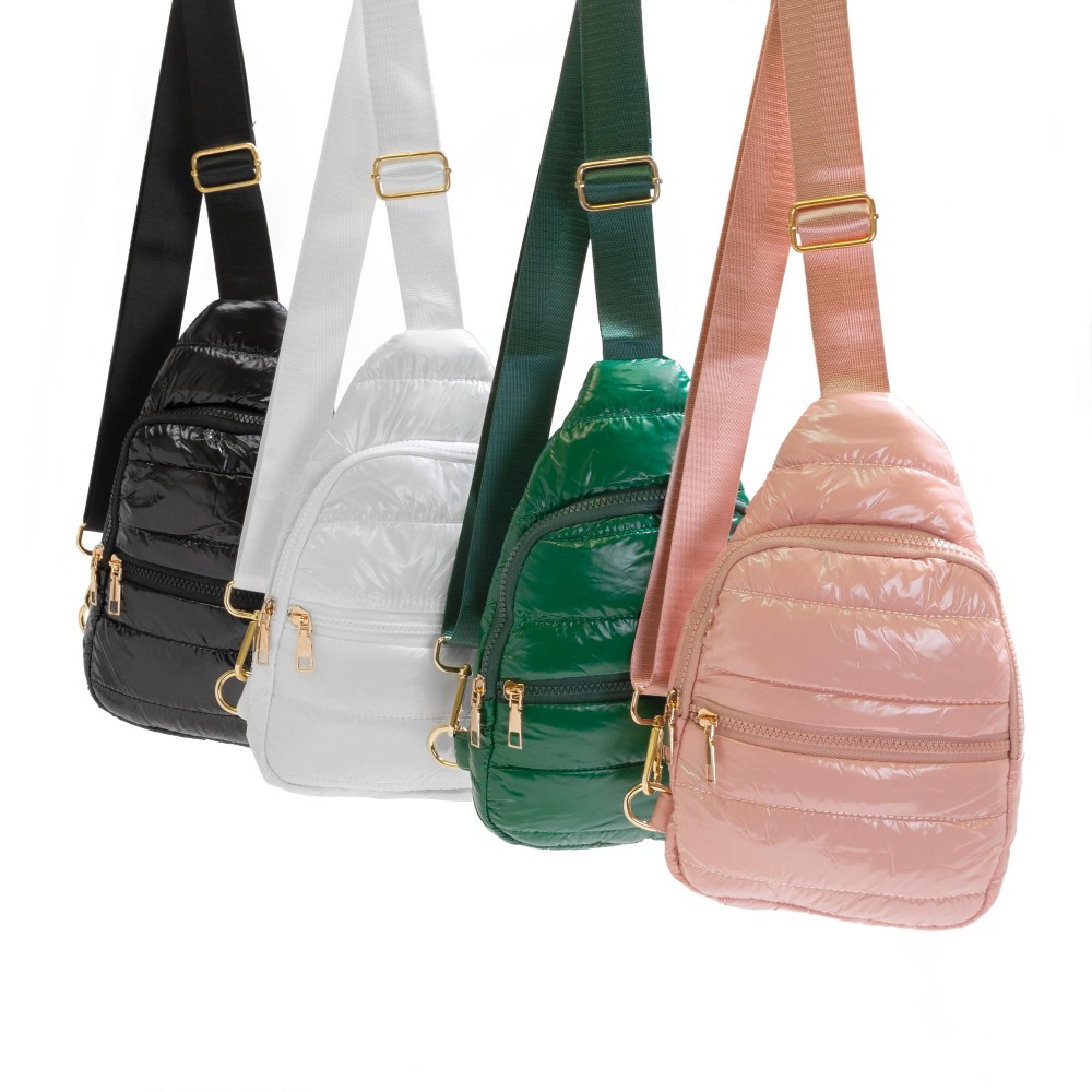 Quilted Puffer Sling Bag With Adjustable Cross Body Strap - Full Zip Closure - Front Zip Pocket - Fully Lined - Inside Zip Pocket - Nylon Strap With Buckle - Approximately 11"H x 7.5"W x 2"D - 100% Polyester view 4
