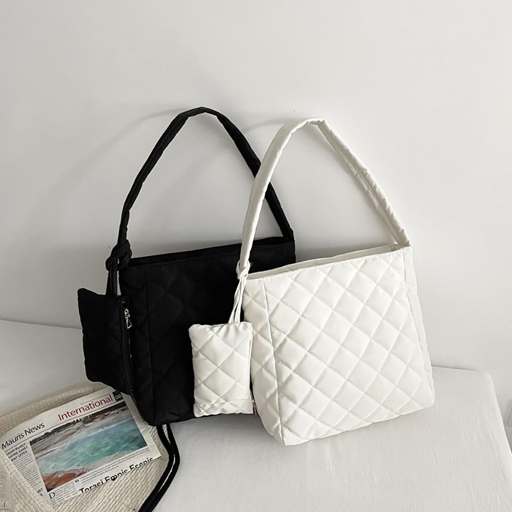 Quilted Puffer Tote Bag With Matching Wristlet - Full Zip Closure - Lined - Approximately 13.75"L x 13"H x 4.75"D - Wristlet 7.5" x 4.5" view 4