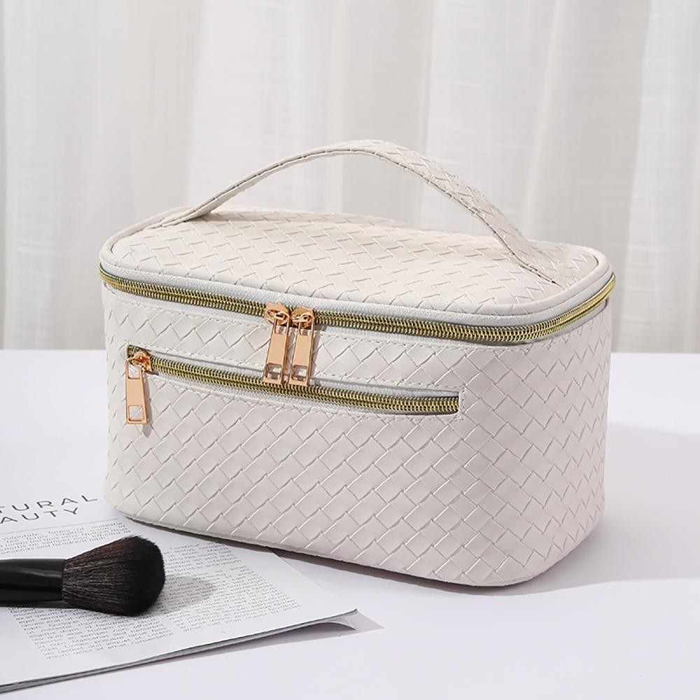 Vegan Leather Woven Travel Makeup Case - Full Double Zip Closure - Front Zip Pocket - Multiple Inside Pockets and Elastic Bands - Approximately 8"W x 4"H x 5.5"D view 2