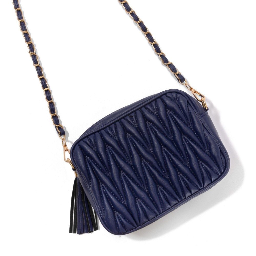 Quilted Braid Vegan Leather Crossbody Bag With Leather Tassel - Full Zipper Closure - Lined Body With One Internal Zipper Pocket - Leather Fed Chain Strap - Strap Approximately 50" L - Body 7.5"W X 6"T X 2" D view 2