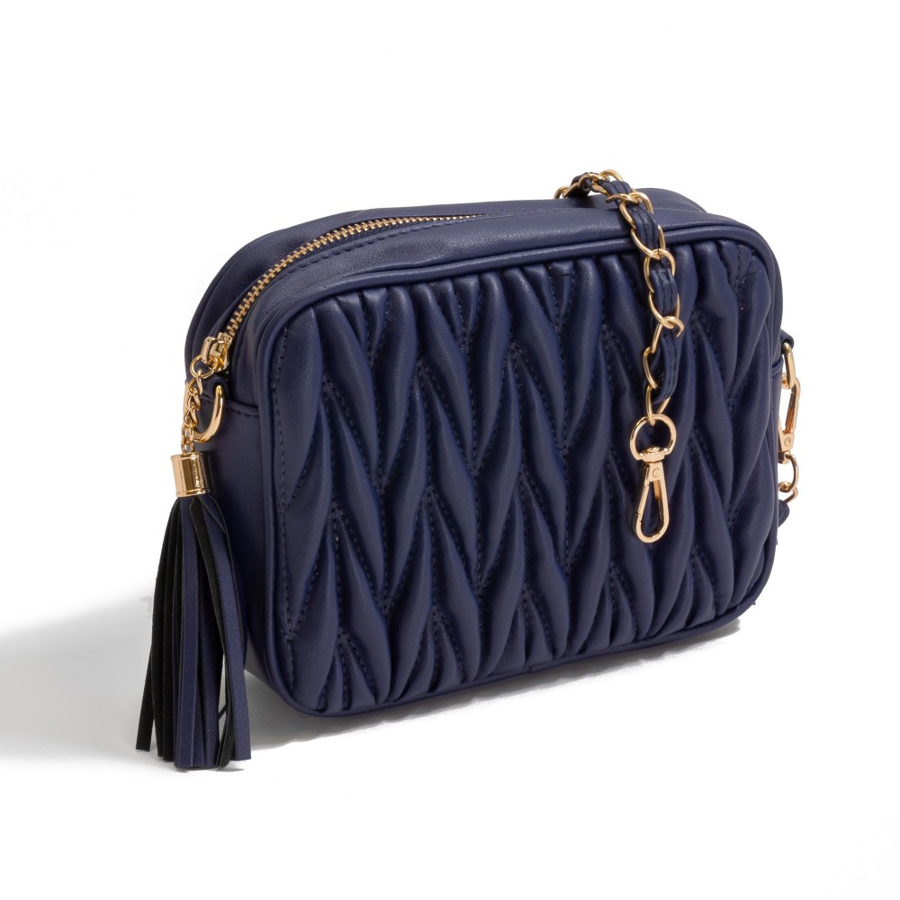 Quilted Braid Vegan Leather Crossbody Bag With Leather Tassel - Full Zipper Closure - Lined Body With One Internal Zipper Pocket - Leather Fed Chain Strap - Strap Approximately 50" L - Body 7.5"W X 6"T X 2" D view 4