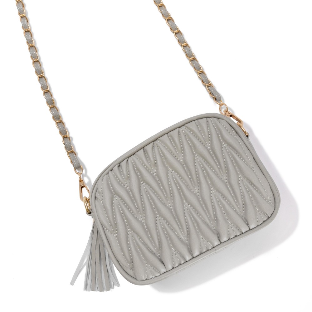 Quilted Braid Vegan Leather Crossbody Bag With Leather Tassel - Full Zipper Closure - Lined Body With One Internal Zipper Pocket - Leather Fed Chain Strap - Strap Approximately 50" L - Body 7.5"W X 6"T X 2" D view 2