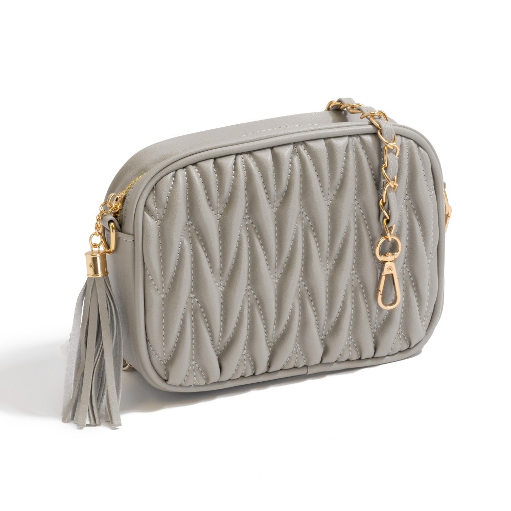 Quilted Braid Vegan Leather Crossbody Bag With Leather Tassel - Full Zipper Closure - Lined Body With One Internal Zipper Pocket - Leather Fed Chain Strap - Strap Approximately 50" L - Body 7.5"W X 6"T X 2" D view 4