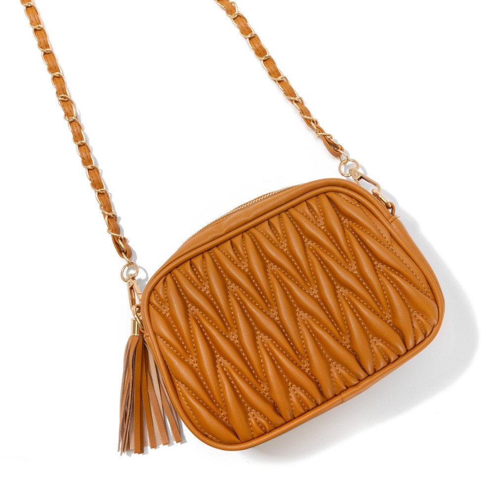 Quilted Braid Vegan Leather Crossbody Bag With Leather Tassel - Full Zipper Closure - Lined Body With One Internal Zipper Pocket - Leather Fed Chain Strap - Strap Approximately 50" L - Body 7.5"W X 6"T X 2" D view 2