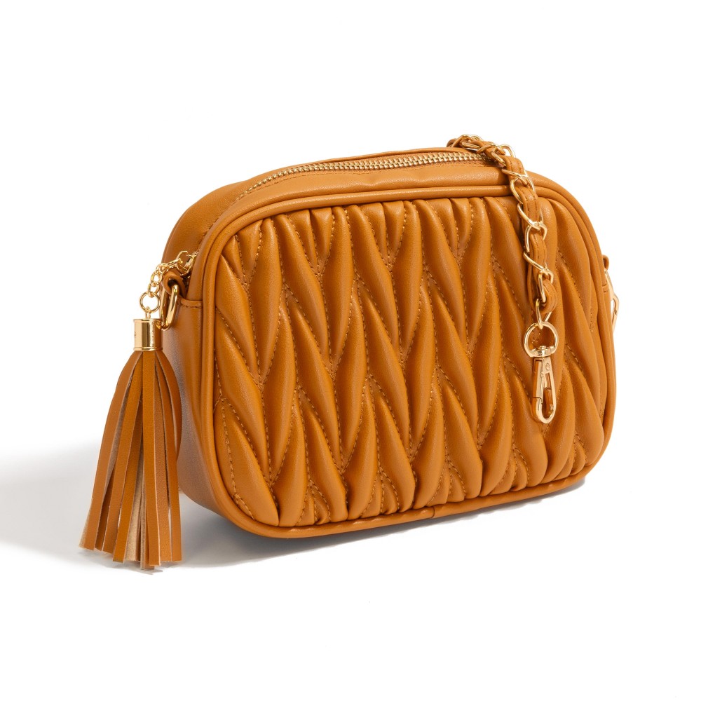 Quilted Braid Vegan Leather Crossbody Bag With Leather Tassel - Full Zipper Closure - Lined Body With One Internal Zipper Pocket - Leather Fed Chain Strap - Strap Approximately 50" L - Body 7.5"W X 6"T X 2" D view 4