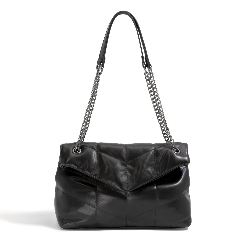 Vegan Leather Stitched Quilted Cross Body Bag - Magnetic Button Closure - Lined Body With One Open and One Zipper Pocket - Chain Strap With Leather Handle - Strap Drop Approximately 11-20" L - Body 12"W X 7"T X 2"D view 2