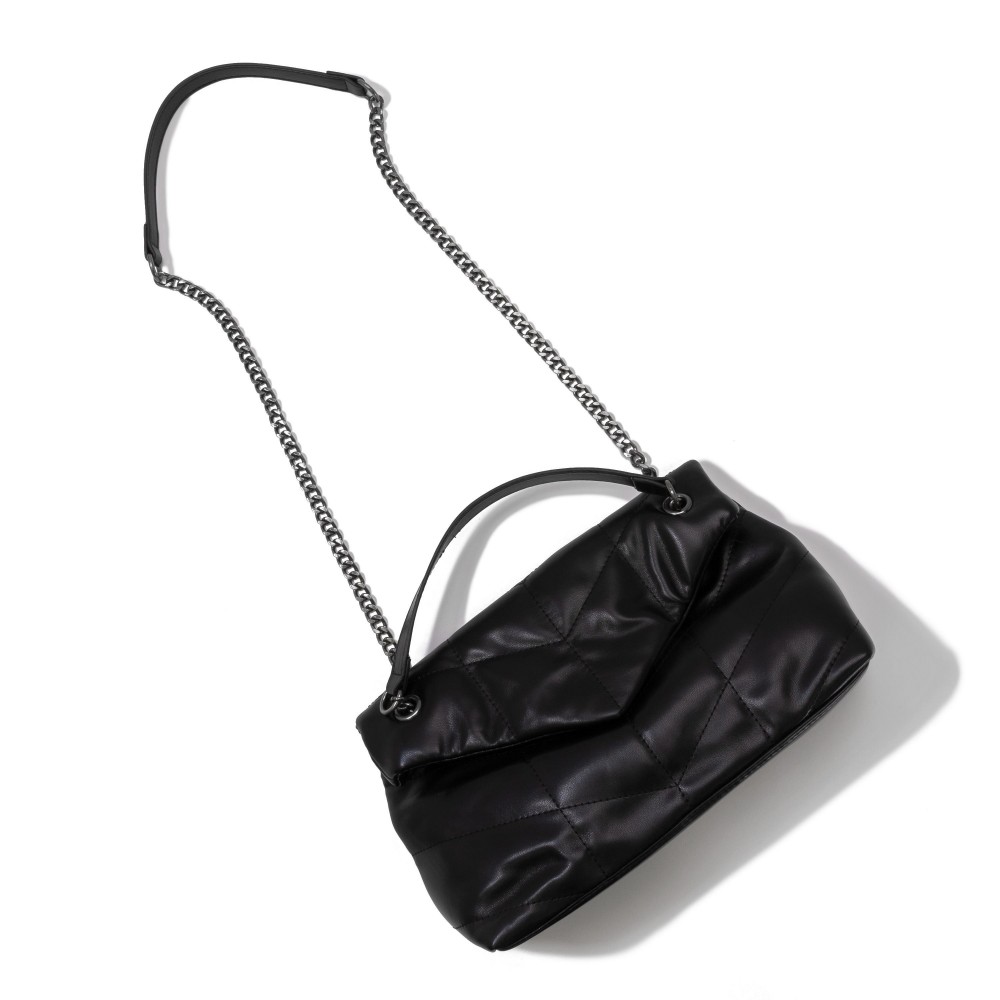 Vegan Leather Stitched Quilted Cross Body Bag - Magnetic Button Closure - Lined Body With One Open and One Zipper Pocket - Chain Strap With Leather Handle - Strap Drop Approximately 11-20" L - Body 12"W X 7"T X 2"D view 4