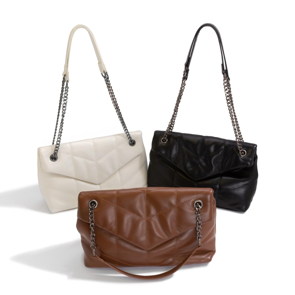 Vegan Leather Stitched Quilted Cross Body Bag - Magnetic Button Closure - Lined Body With One Open and One Zipper Pocket - Chain Strap With Leather Handle - Strap Drop Approximately 11-20" L - Body 12"W X 7"T X 2"D view 6