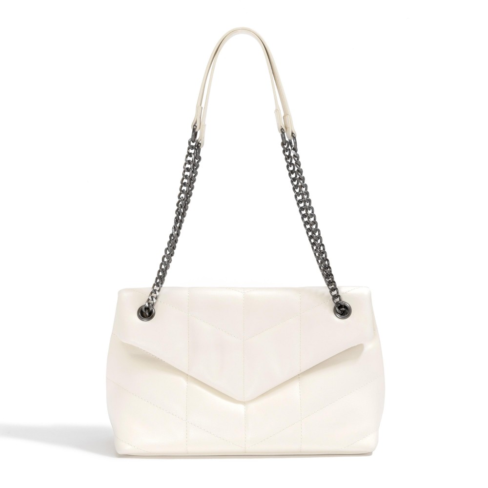 Vegan Leather Stitched Quilted Cross Body Bag - Magnetic Button Closure - Lined Body With One Open and One Zipper Pocket - Chain Strap With Leather Handle - Strap Drop Approximately 11-20" L - Body 12"W X 7"T X 2"D view 2