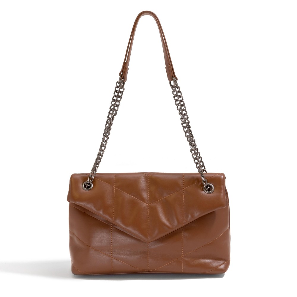 Vegan Leather Stitched Quilted Cross Body Bag - Magnetic Button Closure - Lined Body With One Open and One Zipper Pocket - Chain Strap With Leather Handle - Strap Drop Approximately 11-20" L - Body 12"W X 7"T X 2"D view 2