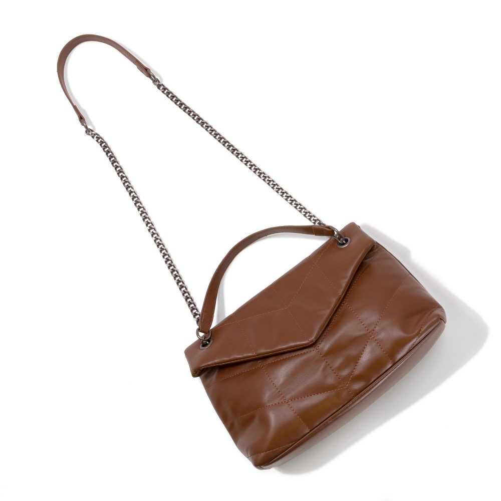 Vegan Leather Stitched Quilted Cross Body Bag - Magnetic Button Closure - Lined Body With One Open and One Zipper Pocket - Chain Strap With Leather Handle - Strap Drop Approximately 11-20" L - Body 12"W X 7"T X 2"D view 4