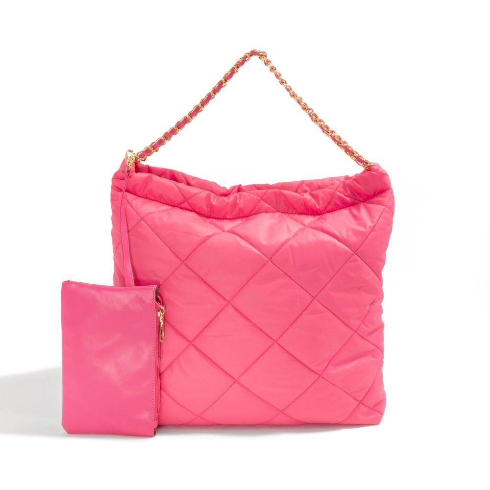 Quilted Puffer Tote Bag With Matching Vegan Leather Coin Pouch - Lined Body With Two Open Pockets and One Zipper Pocket - Magnetic Closure - 100% Polyester - Approximately 14" L x 13" T x 3" W - Coin Pouch 7.5" W x 4.5" T view 2
