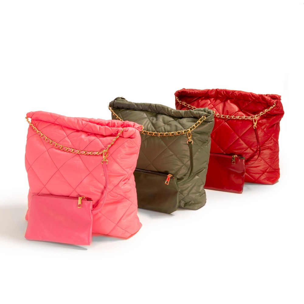 Quilted Puffer Tote Bag With Matching Vegan Leather Coin Pouch - Lined Body With Two Open Pockets and One Zipper Pocket - Magnetic Closure - 100% Polyester - Approximately 14" L x 13" T x 3" W - Coin Pouch 7.5" W x 4.5" T view 4