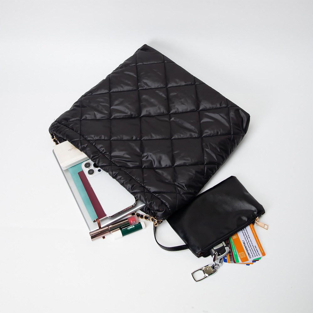 Quilted Puffer Tote Bag With Matching Vegan Leather Coin Pouch - Lined Body With Two Open Pockets and One Zipper Pocket - Magnetic Closure - 100% Polyester - Approximately 14" L x 13" T x 3" W - Coin Pouch 7.5" W x 4.5" T view 6