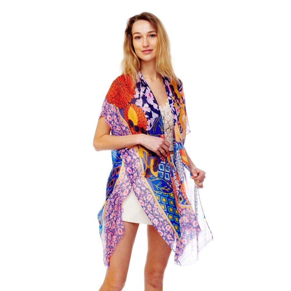 Floral Print Lightweight Kimono With Frayed Edge - One Size Fits Most - 100% Polyester view 2