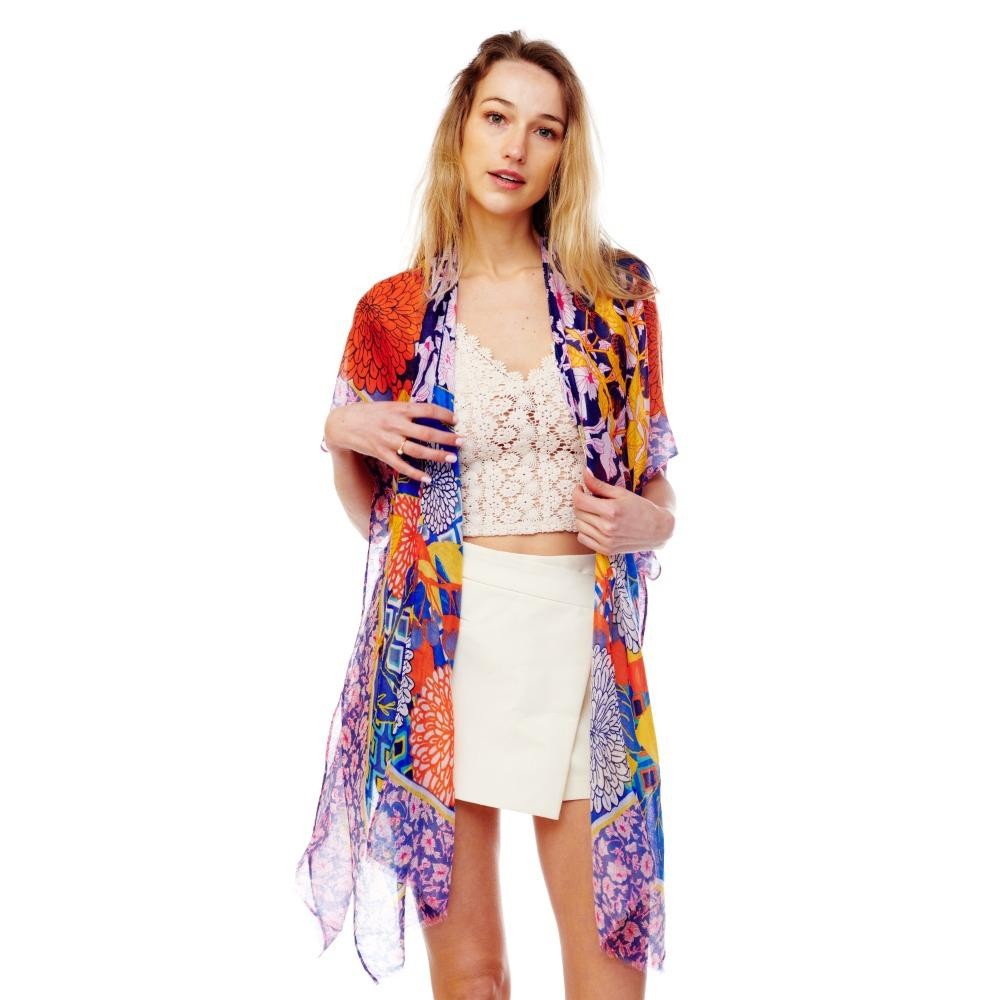 Floral Print Lightweight Kimono With Frayed Edge - One Size Fits Most - 100% Polyester view 4