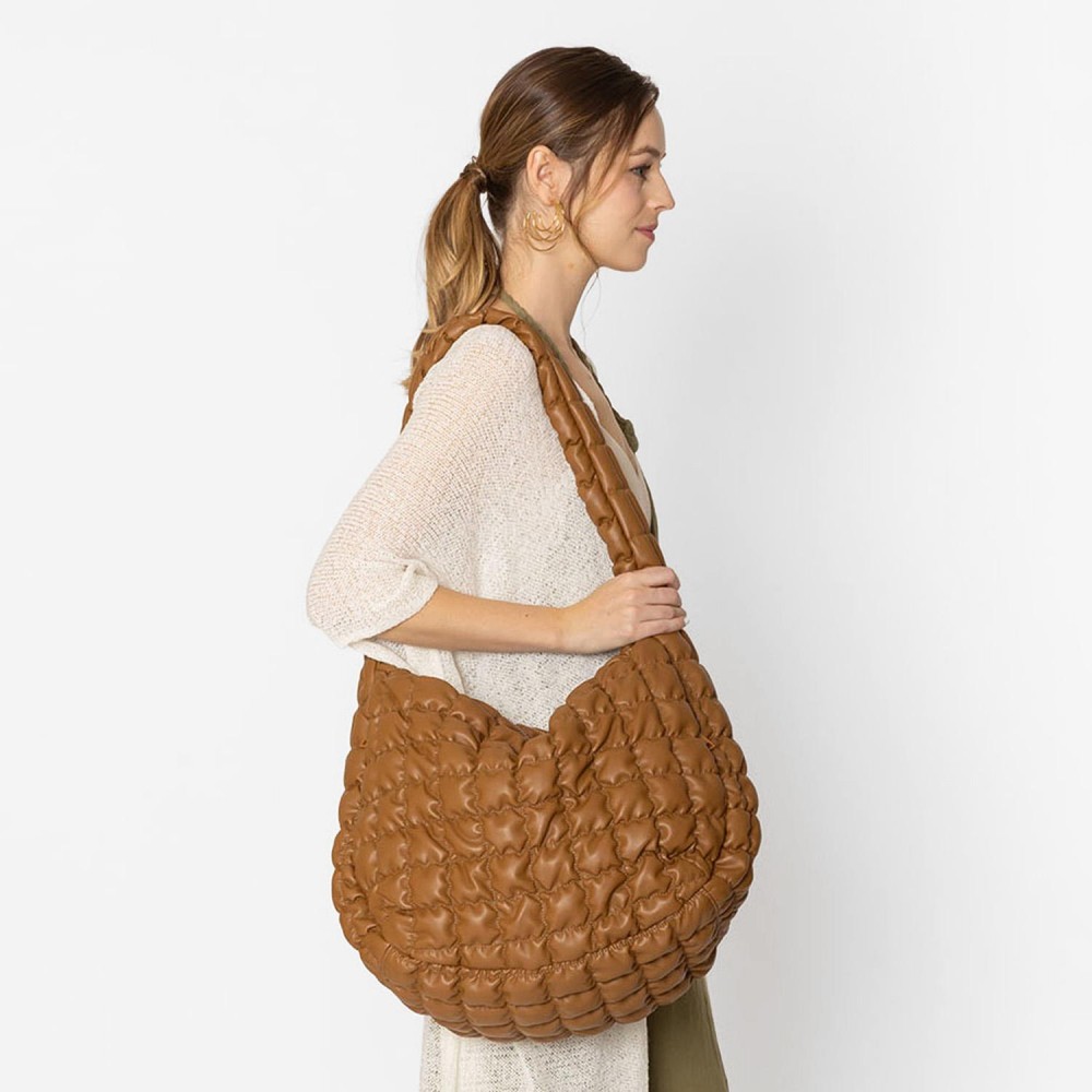 Do Everything In Love Oversized Quilted Vegan Leather Puffer Shoulder Tote Bag - Full Zip Closure - Two Outer Zip Side Pockets - One Inner Zip Pocket - Two Open Pockets - Approximate 18"L x 12"H x 8"D view 2