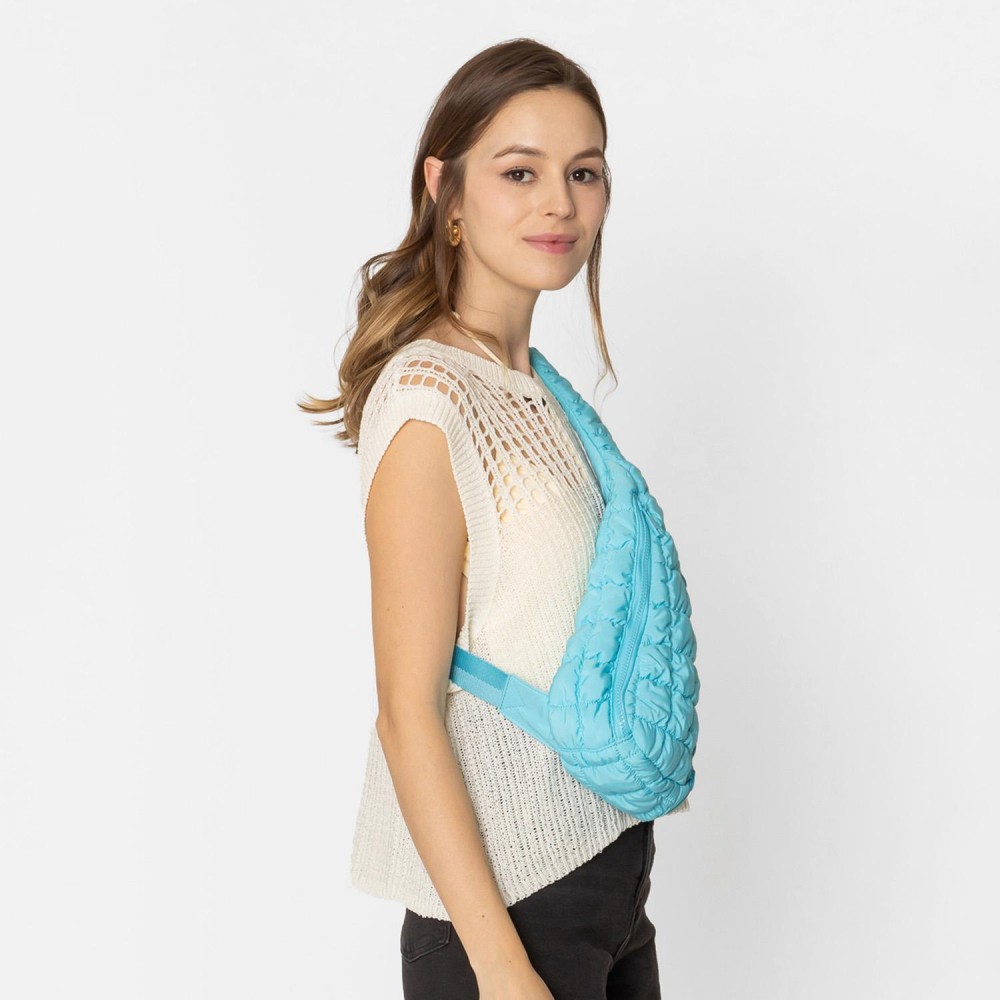 Do Everything In Love Quilted Puffer Sling Bag With Adjustable Cross Body Strap & Drawstring Detail - Full Zip Closure - Fully Lined - Inside Zip Pocket & Open Pocket - Nylon Strap With Buckle - Approximately 14"H x 8"W x 4"D - 100% Polyester view 4