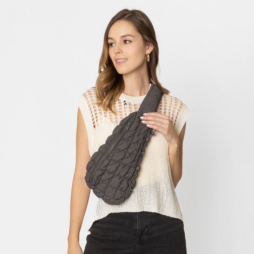Do Everything In Love Quilted Puffer Sling Bag With Adjustable Cross Body Strap & Drawstring Detail - Full Zip Closure - Fully Lined - Inside Zip Pocket & Open Pocket - Nylon Strap With Buckle - Approximately 14"H x 8"W x 4"D - 100% Polyester view 2