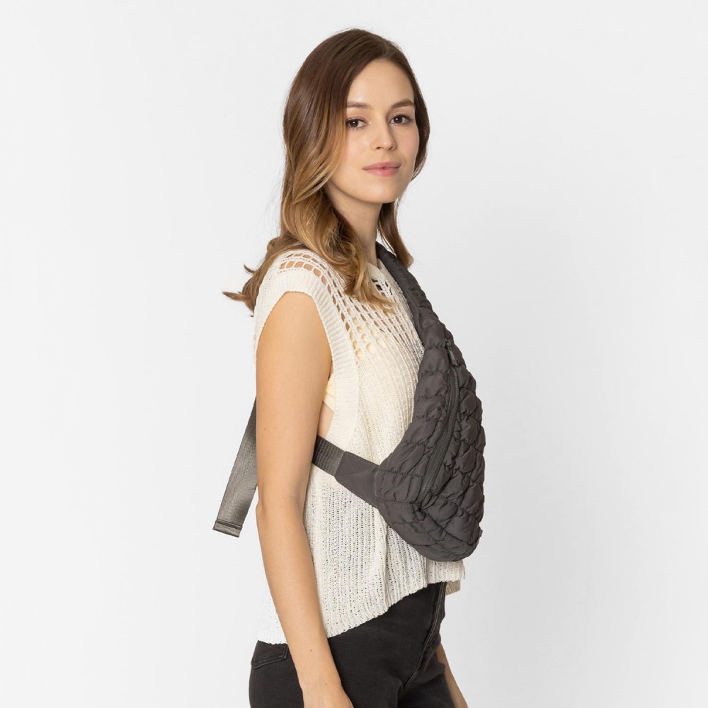 Do Everything In Love Quilted Puffer Sling Bag With Adjustable Cross Body Strap & Drawstring Detail - Full Zip Closure - Fully Lined - Inside Zip Pocket & Open Pocket - Nylon Strap With Buckle - Approximately 14"H x 8"W x 4"D - 100% Polyester view 4