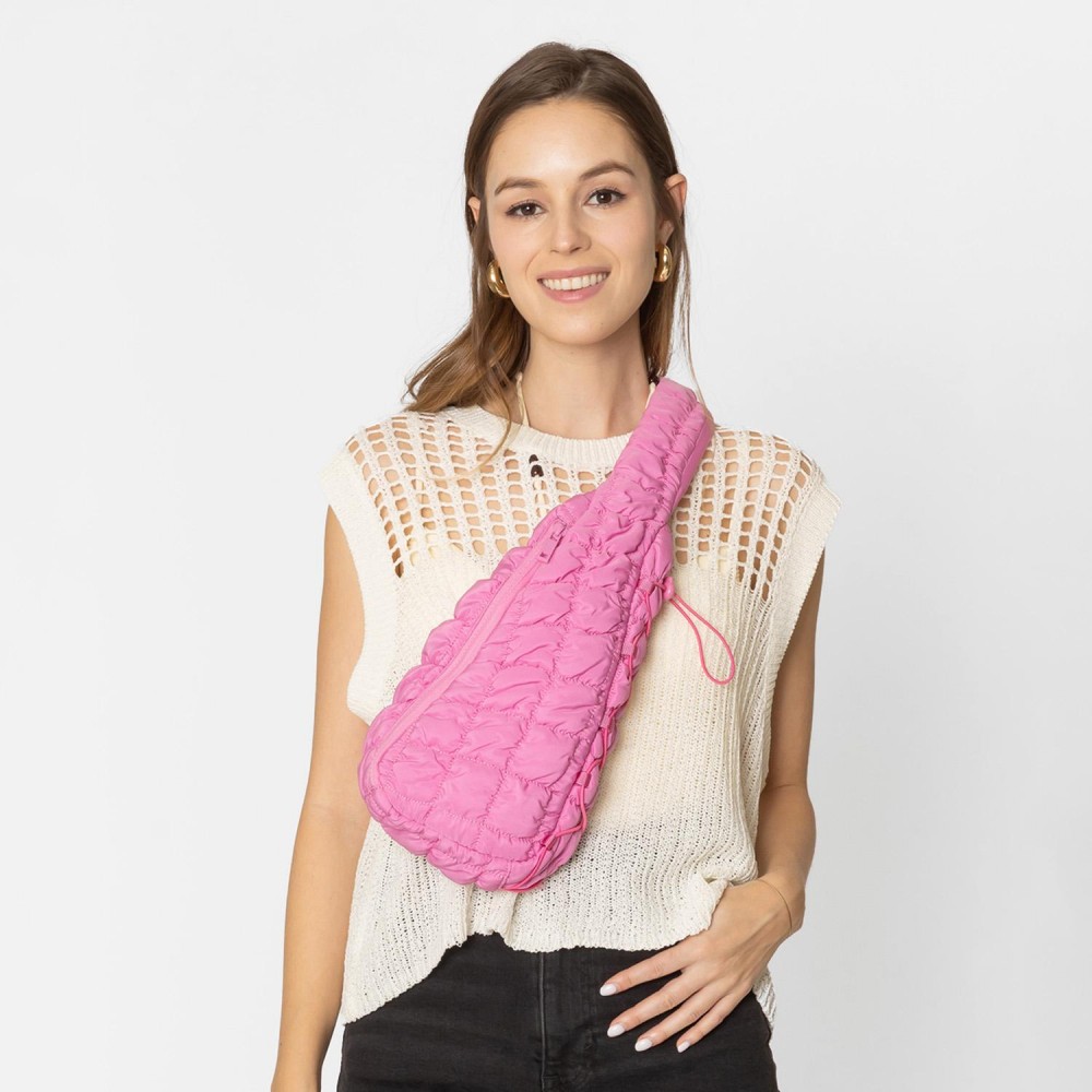 Do Everything In Love Quilted Puffer Sling Bag With Adjustable Cross Body Strap & Drawstring Detail - Full Zip Closure - Fully Lined - Inside Zip Pocket & Open Pocket - Nylon Strap With Buckle - Approximately 14"H x 8"W x 4"D - 100% Polyester view 2