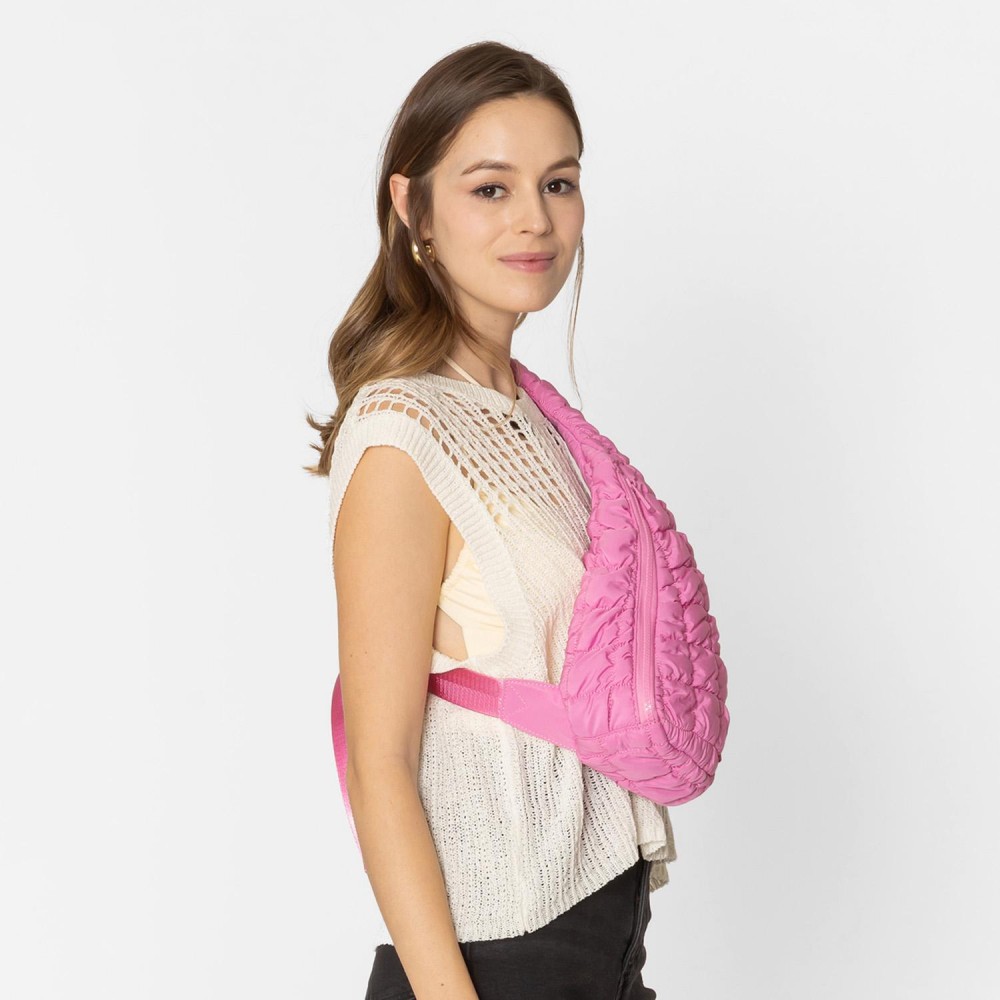 Do Everything In Love Quilted Puffer Sling Bag With Adjustable Cross Body Strap & Drawstring Detail - Full Zip Closure - Fully Lined - Inside Zip Pocket & Open Pocket - Nylon Strap With Buckle - Approximately 14"H x 8"W x 4"D - 100% Polyester view 4