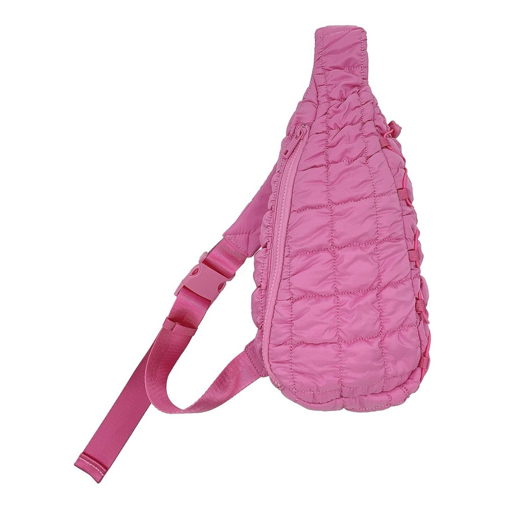 Do Everything In Love Quilted Puffer Sling Bag With Adjustable Cross Body Strap & Drawstring Detail - Full Zip Closure - Fully Lined - Inside Zip Pocket & Open Pocket - Nylon Strap With Buckle - Approximately 14"H x 8"W x 4"D - 100% Polyester view 6