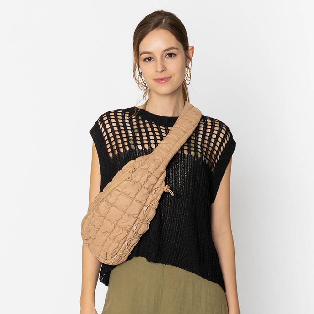 Do Everything In Love Quilted Puffer Sling Bag With Adjustable Cross Body Strap & Drawstring Detail - Full Zip Closure - Fully Lined - Inside Zip Pocket & Open Pocket - Nylon Strap With Buckle - Approximately 14"H x 8"W x 4"D - 100% Polyester view 2