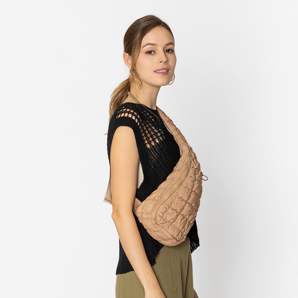 Do Everything In Love Quilted Puffer Sling Bag With Adjustable Cross Body Strap & Drawstring Detail - Full Zip Closure - Fully Lined - Inside Zip Pocket & Open Pocket - Nylon Strap With Buckle - Approximately 14"H x 8"W x 4"D - 100% Polyester view 4