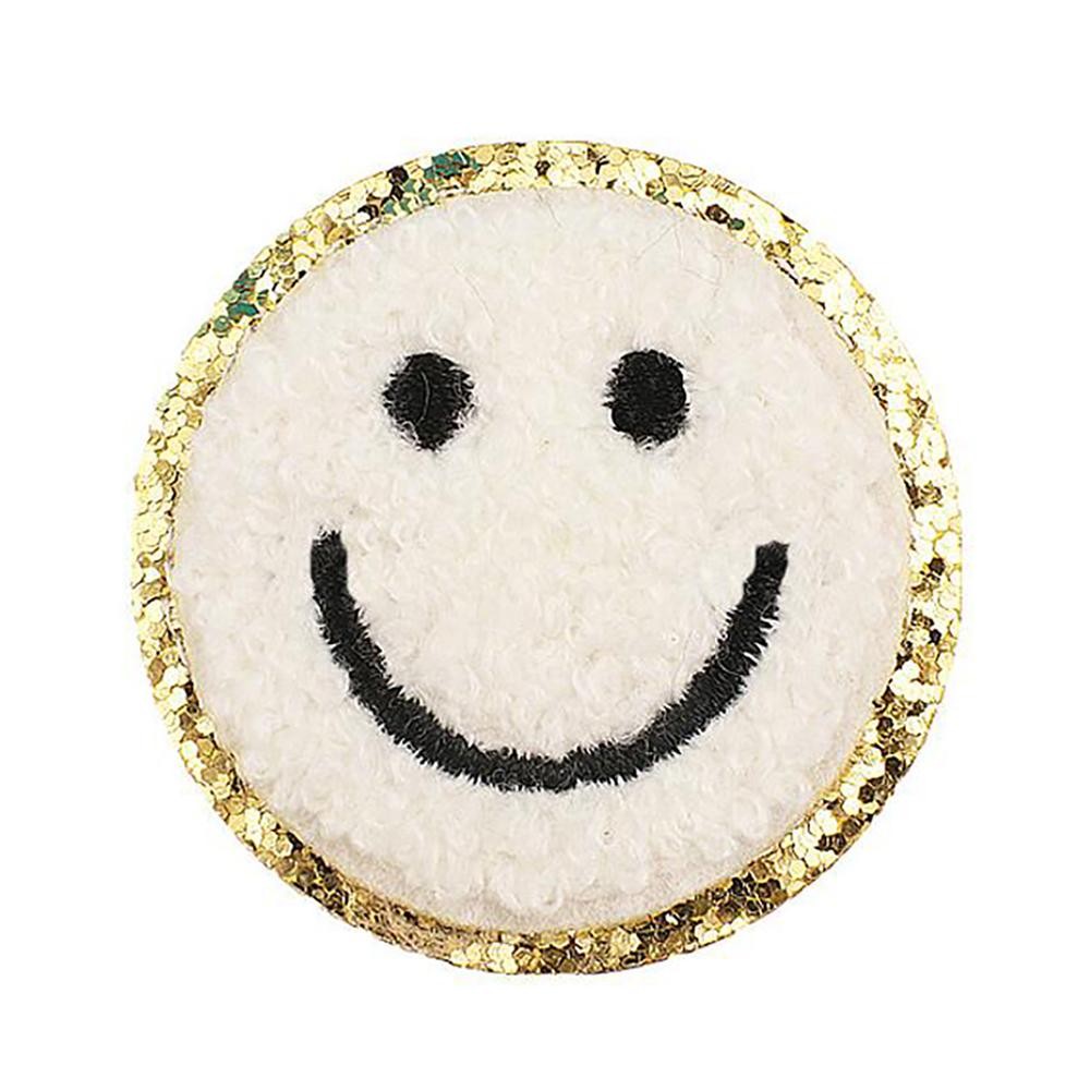 Chenille Smile Patch With Glitter Edge - Approximately 2.25"D - Iron-on or Sew-On Application view 2