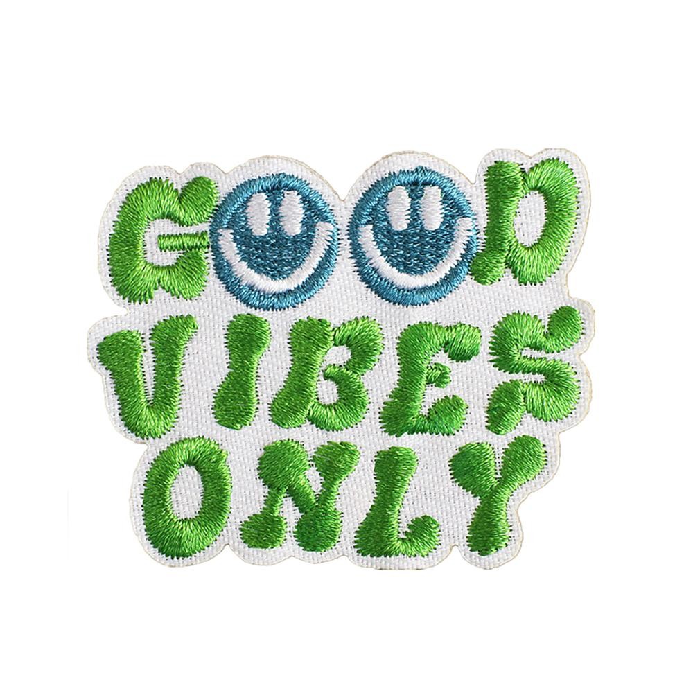 Embroidered 'Good Vibes Only' Patch - Approximately 2.25"L - Iron-On / Sew-On Application view 2
