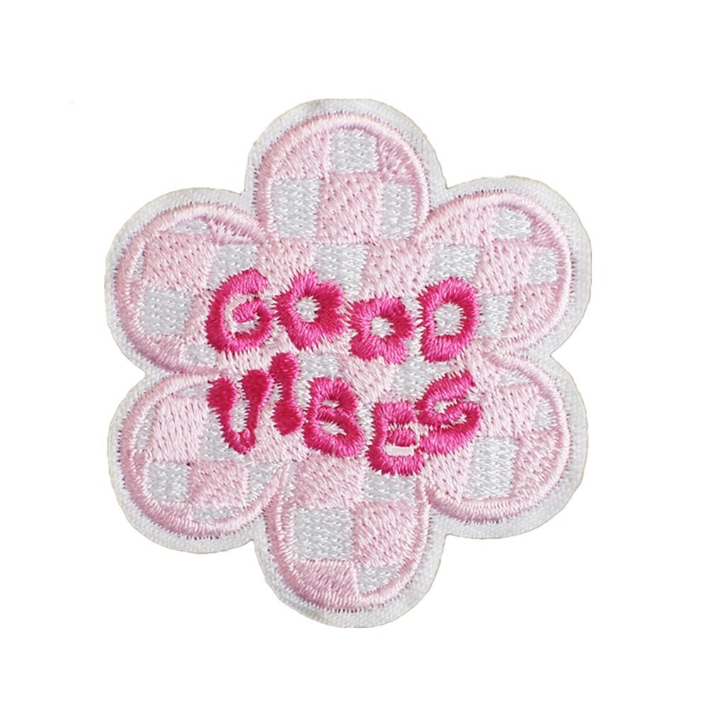 Embroidered 'Good Vibes' Checker Flower Patch - Approximately 2.25"L - Iron-On / Sew-On Application view 2
