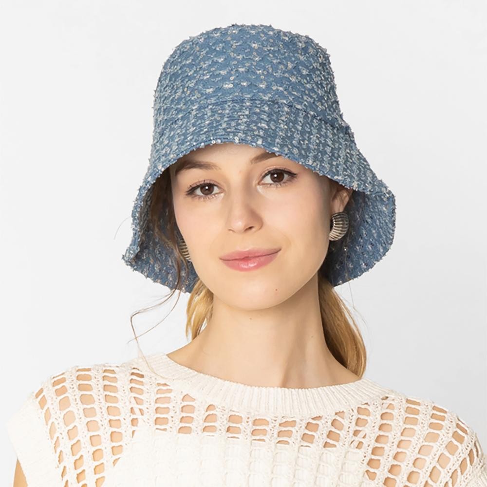 Do Everything In Love Distressed Denim Bucket Hat With Sequin Details - One Size Fits Most - Internal Adjustable Drawstring - 100% Cotton view 2