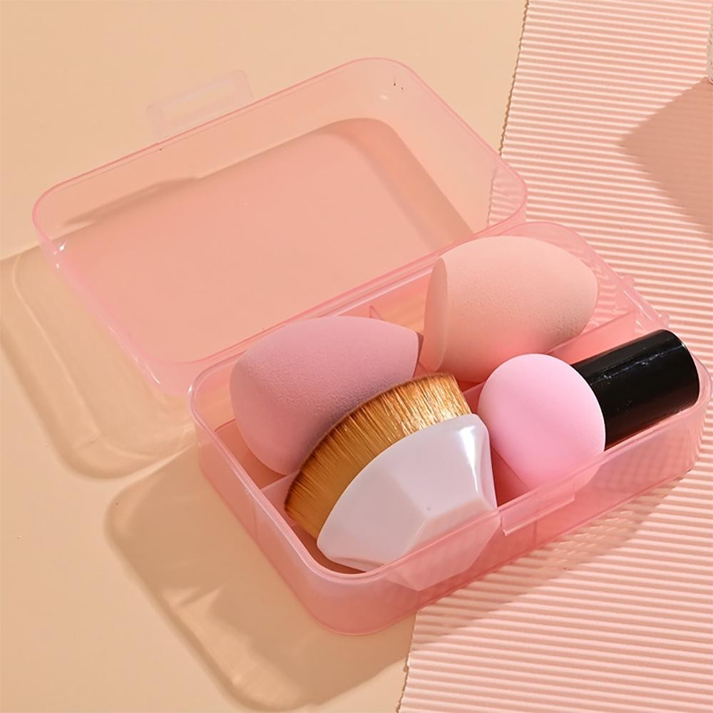 Beauty Blender & Brush Box Set - Hard Plastic Case With Four Compartments - 2 Beauty Blenders, 1 Mushroom Head Powder Brush, 1 Kabuki Brush - Case Approximately 5"W X 3.25"T X 1.5"D - Kabuki Brush: 2.25"L - Mushroom Head : 2.25"L - Blenders 2"L view 2