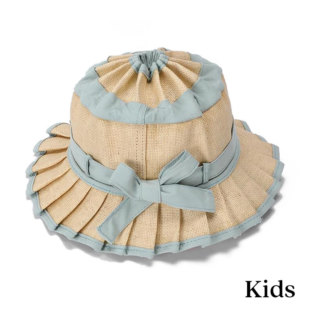 Kids Foldable Pleated Straw Bucket Hat With Bow Detail - Kids One Size - Inner Drawstring Chin Fastener view 2