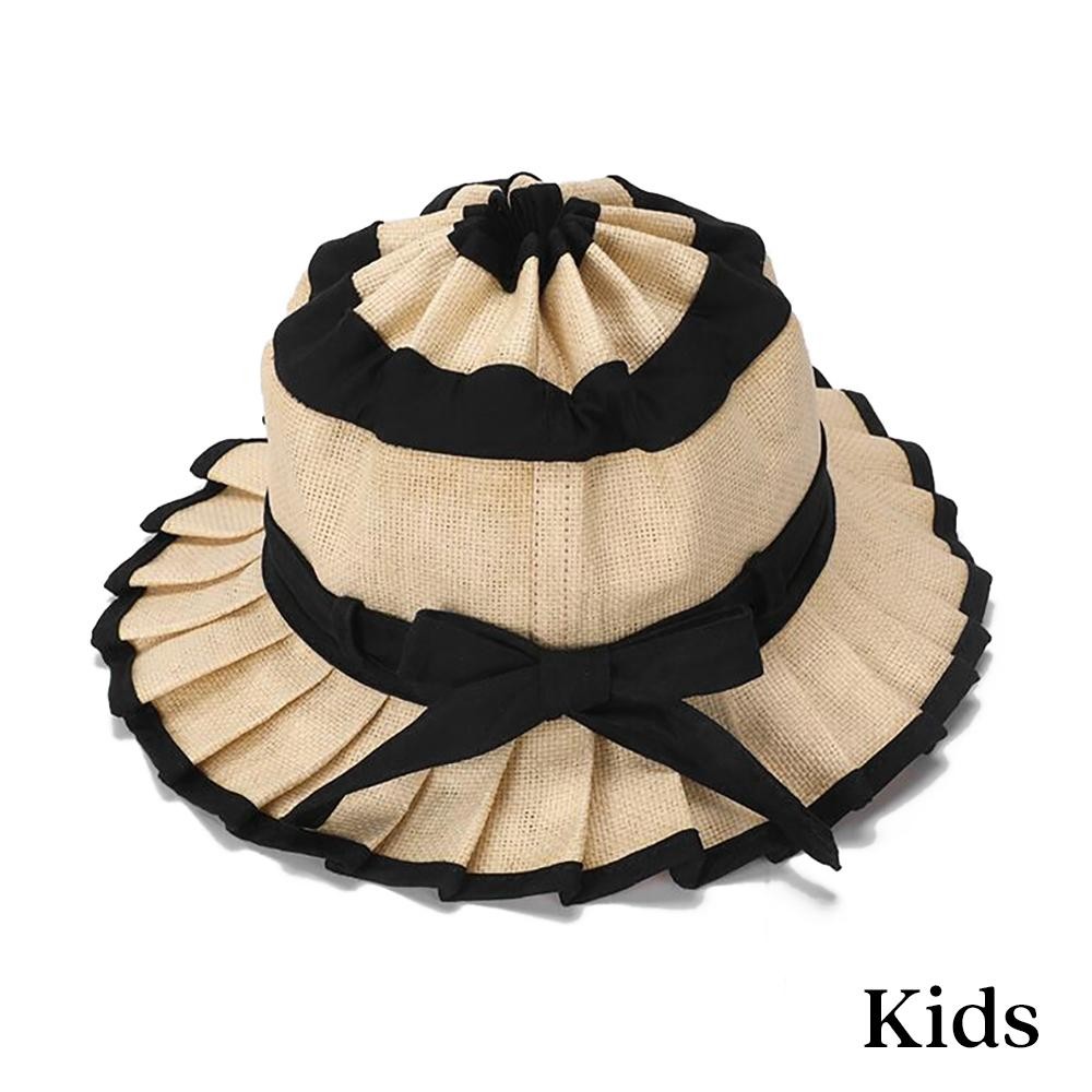 Kids Foldable Pleated Straw Bucket Hat With Bow Detail - Kids One Size - Inner Drawstring Chin Fastener view 2