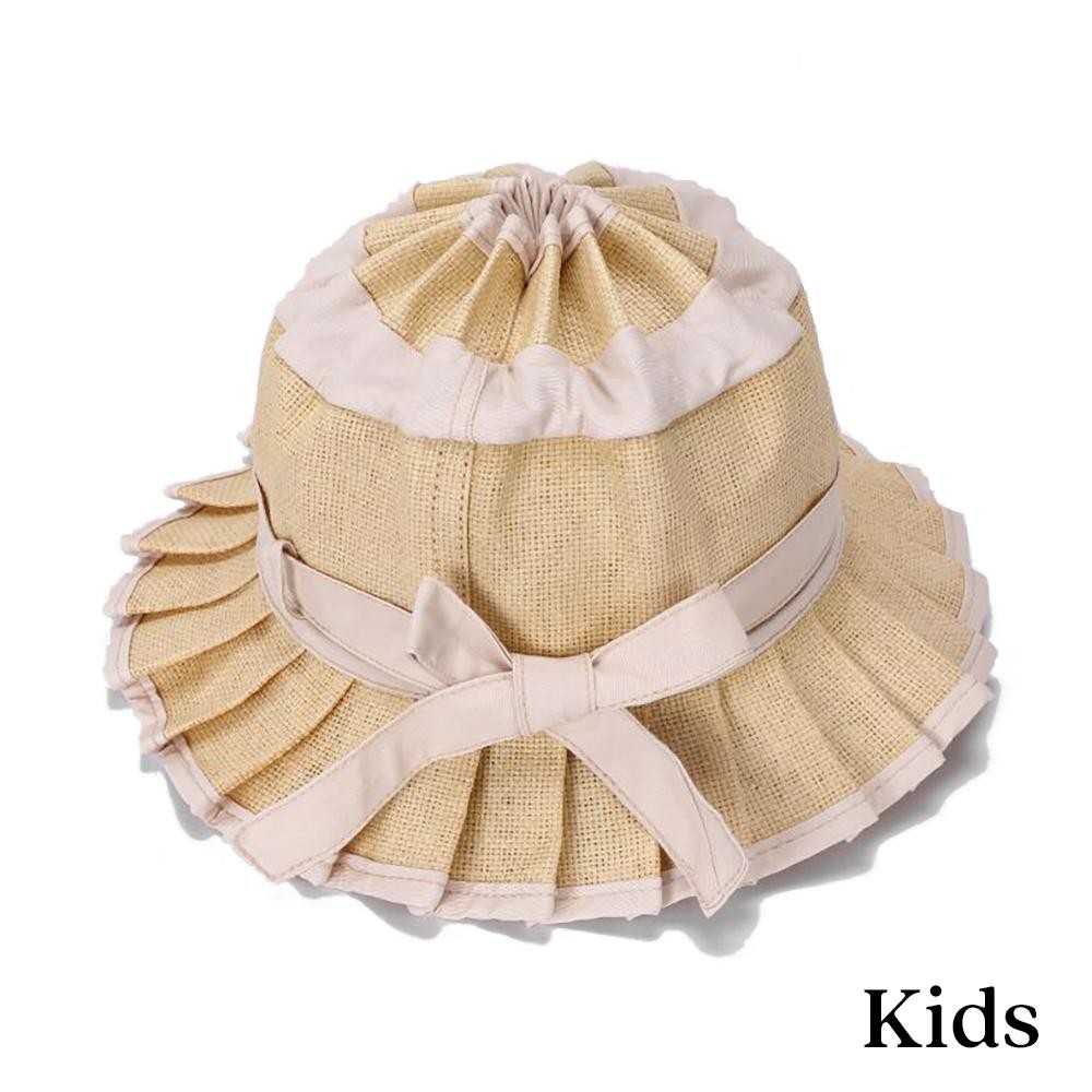 Kids Foldable Pleated Straw Bucket Hat With Bow Detail - Kids One Size - Inner Drawstring Chin Fastener view 2