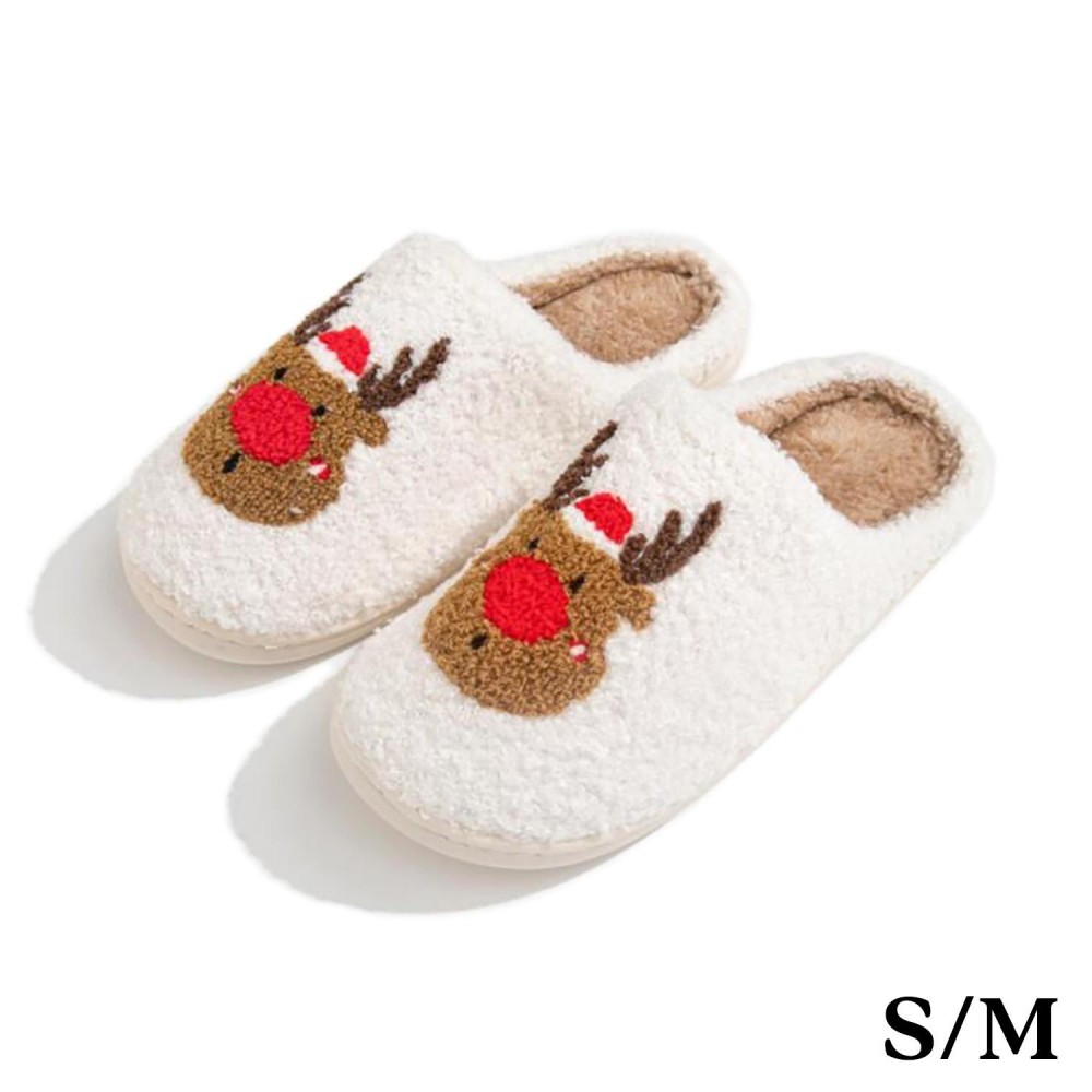 Plush Reindeer Slide On Slippers - US Women's Size: S/M (6-8) M/L (8-10) - 100% Polyester - Rubber Sole view 2