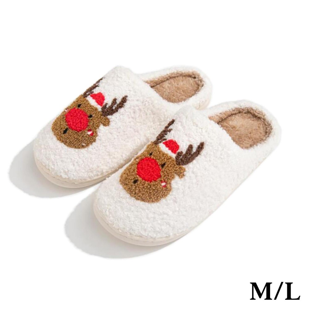 Plush Reindeer Slide On Slippers - US Women's Size: S/M (6-8) M/L (8-10) - 100% Polyester - Rubber Sole view 2