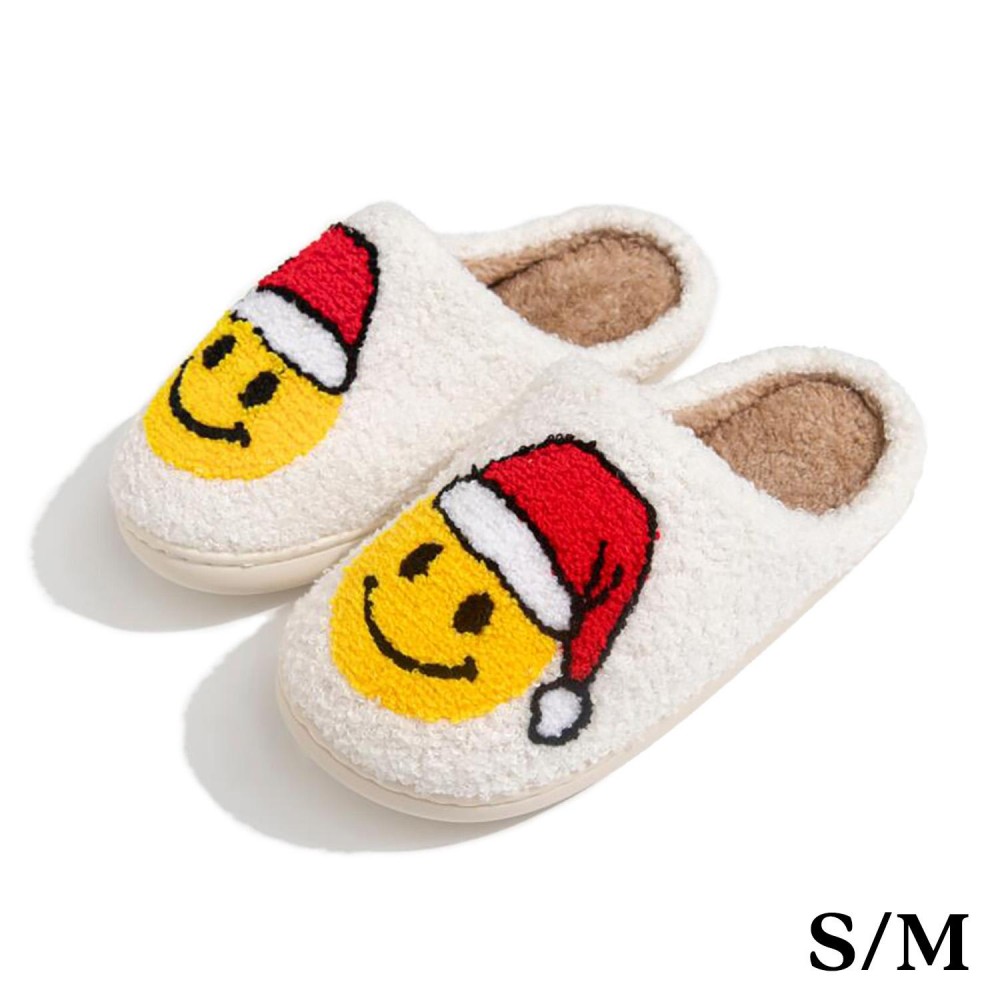 Plush Christmas Happy Face Slide On Slippers - US Women's Size: S/M (6-8) M/L (8-10) - 100% Polyester - Rubber Sole view 2