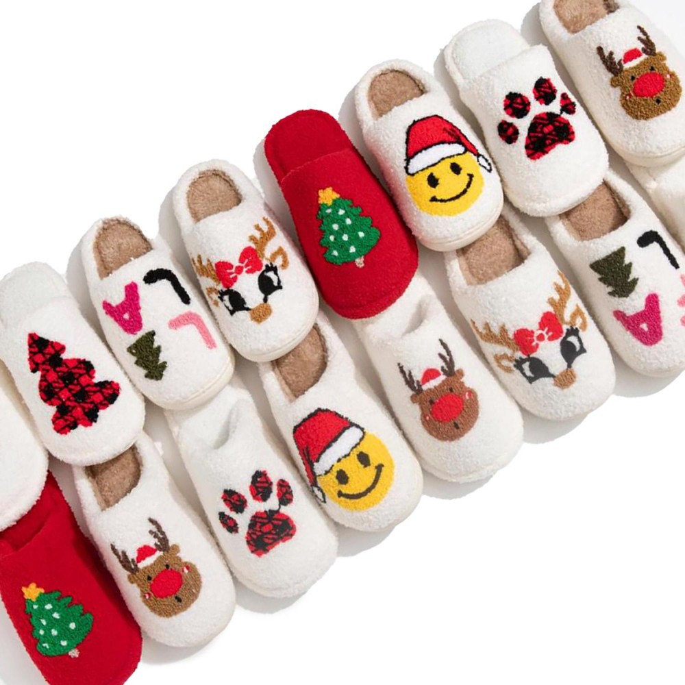 Plush Christmas Happy Face Slide On Slippers - US Women's Size: S/M (6-8) M/L (8-10) - 100% Polyester - Rubber Sole view 4