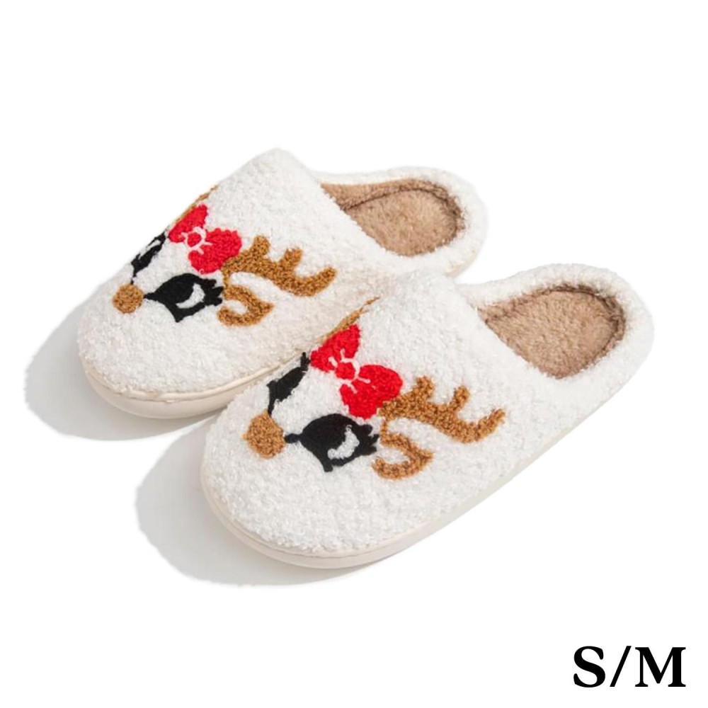 Plush Reindeer Slide On Slippers - US Women's Size: S/M (6-8) M/L (8-10) - 100% Polyester - Rubber Sole view 2