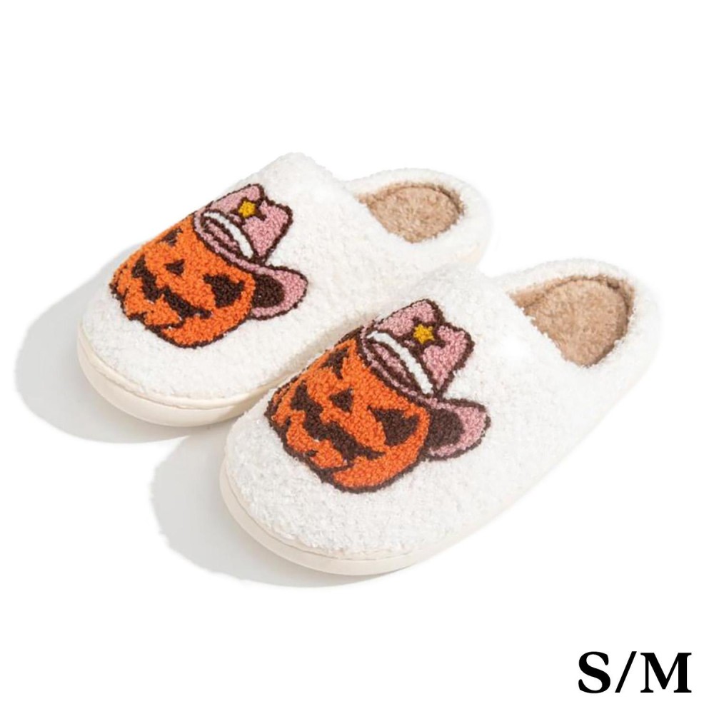 Plush Cowboy Jack-O'-Lantern Slide On Slippers - US Women's Size: S/M (6-8) M/L (8-10) - 100% Polyester - Rubber Sole view 2