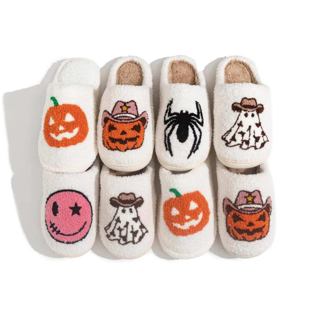 Plush Cowboy Jack-O'-Lantern Slide On Slippers - US Women's Size: S/M (6-8) M/L (8-10) - 100% Polyester - Rubber Sole view 4
