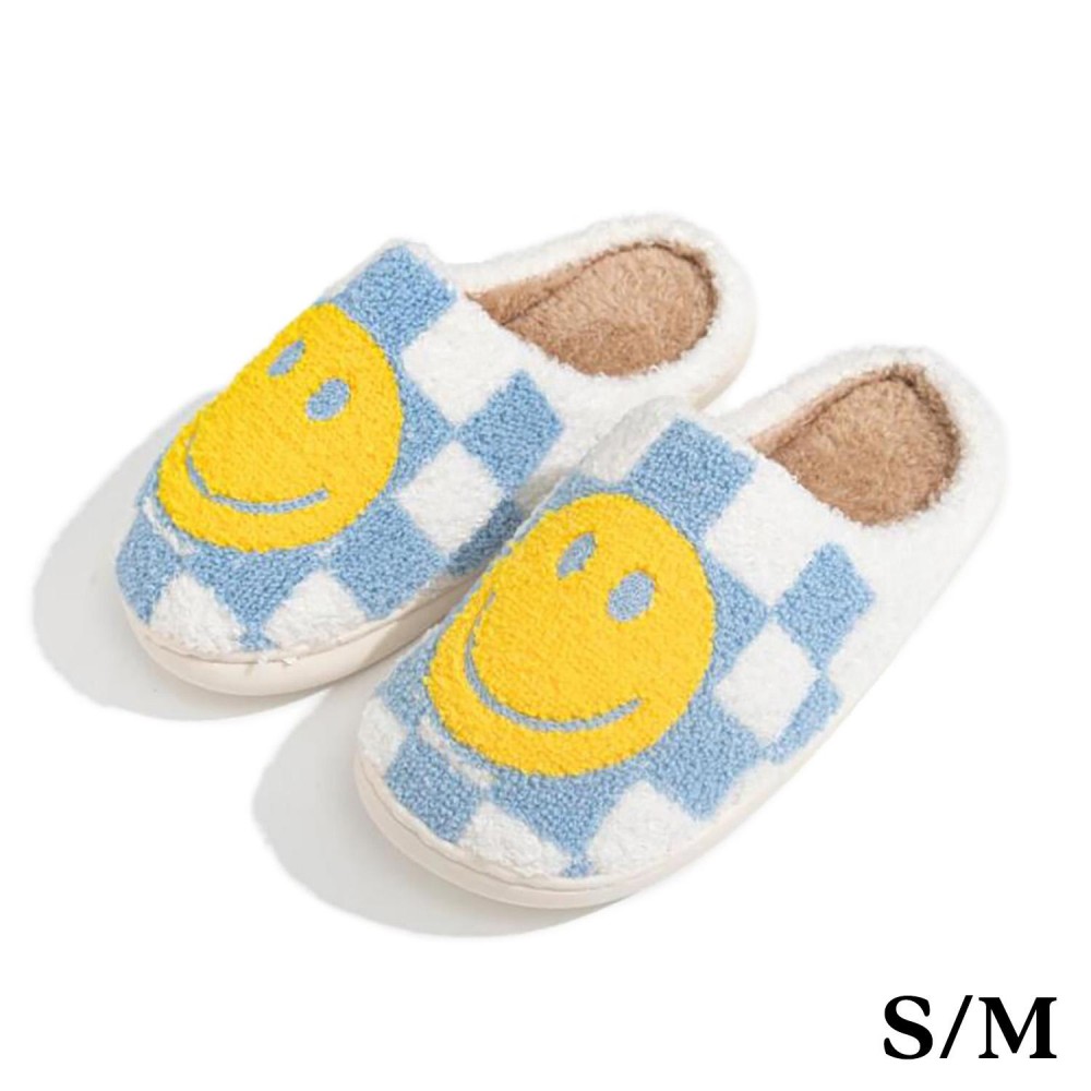 Plush Happy Face Checker Slide On Slippers - US Women's Size: S/M (6-8) M/L (8-10) - 100% Polyester - Rubber Sole view 2