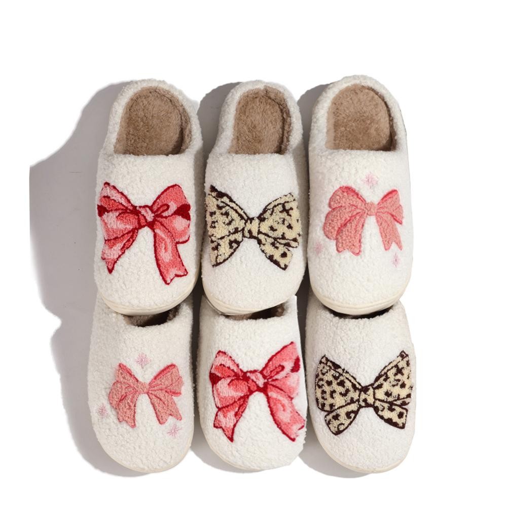 Plush Pink Leopard Print Bow Slide On Slippers - US Women's Size: S/M (6-8) M/L (8-10) - 100% Polyester - Rubber Sole view 4