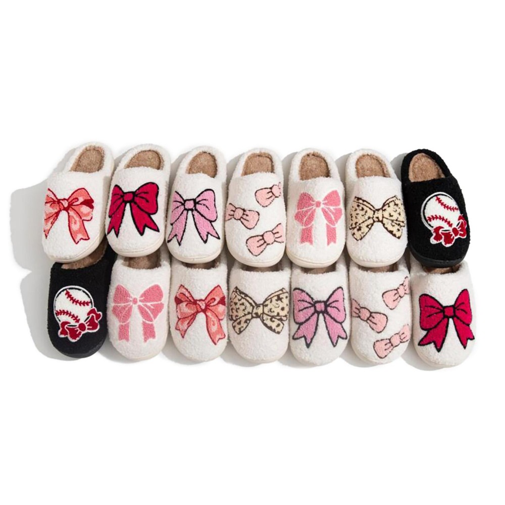 Plush Bows Slide On Slippers - US Women's Size: S/M (6-8) M/L (8-10) - 100% Polyester - Rubber Sole view 4