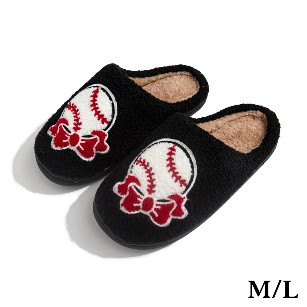 Plush Baseball Bow Slide On Slippers - US Women's Size: S/M (6-8) M/L (8-10) - 100% Polyester - Rubber Sole view 2
