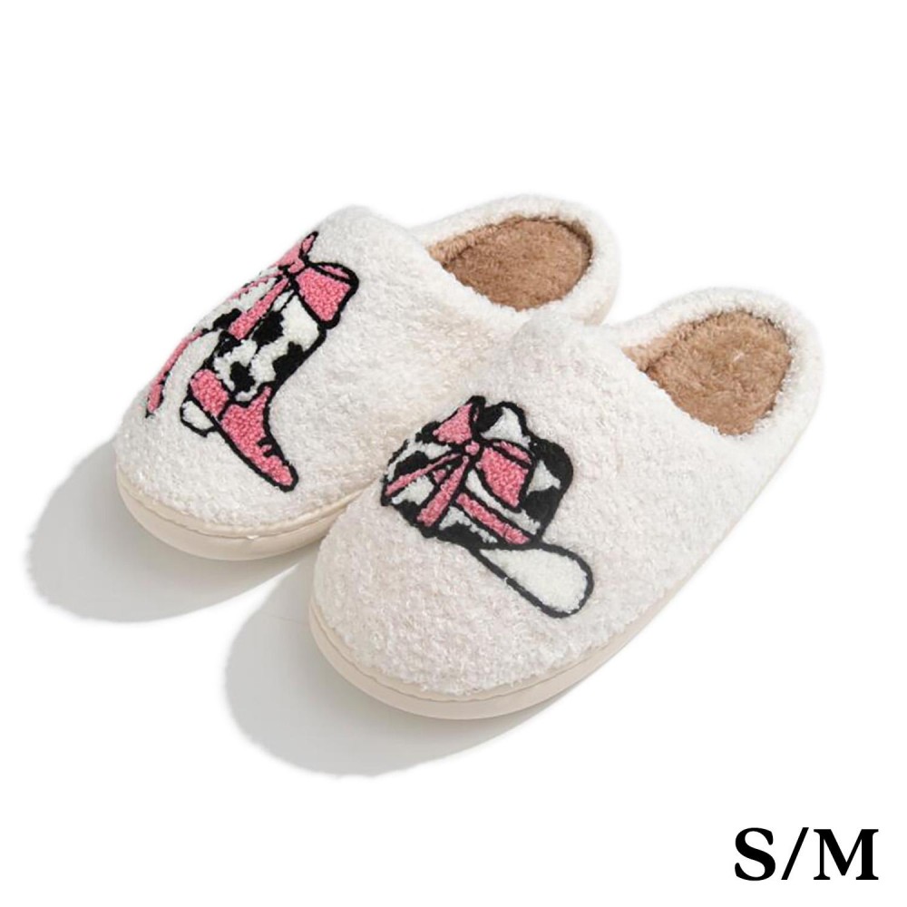 Plush Cowgirl Boot, Hat, & Bow Slide On Slippers - US Women's Size: S/M (6-8) M/L (8-10) - 100% Polyester - Rubber Sole view 2